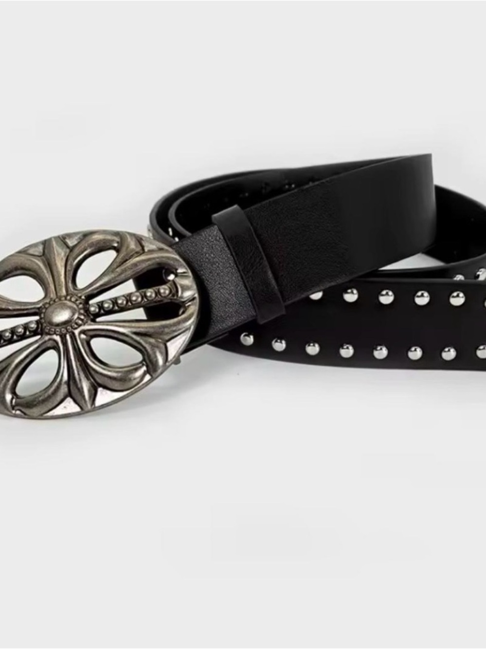 Black Leather Stud Belt with Ornate Silver Buckle